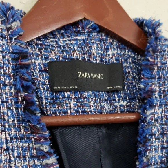 Zara Basic NWOT Blue tweed pearl blazer size XL - Picture 2 of 4